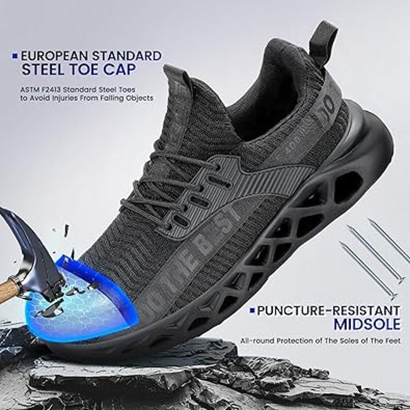 Furuian Mens Size 8.5 Wide Black Work Shoes Lace Up Round Steel Toe Shoes
