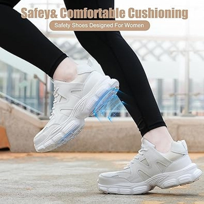 Umburlly Womens Size 11 White Steel Toe NonSlip Faux Leather Work Sneakers Shoes