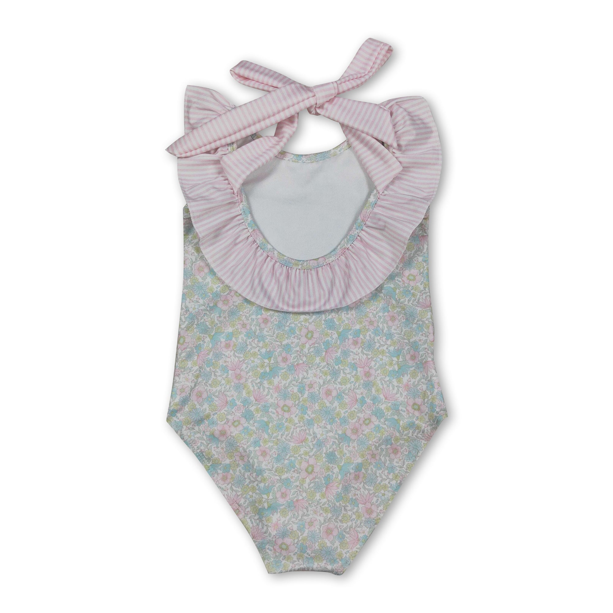 Sleeveless pink stripe ruffle floral girls one piece swimsuit