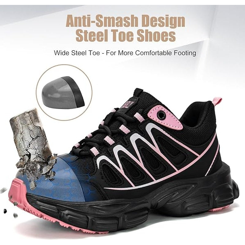 Umburlly Womens 5.5 Black Pink Steel Toe Lace Up Non Slip Composite Work Shoes
