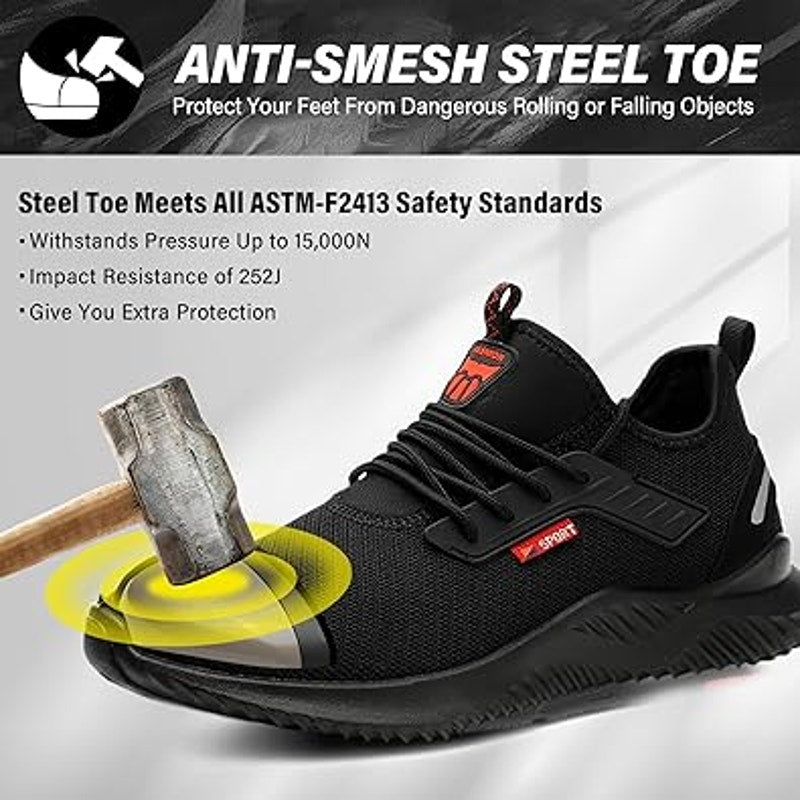 Ulogu Mens 7 Black Mesh Steel Toe Waterproof Puncture Proof Lace Up Work Shoes